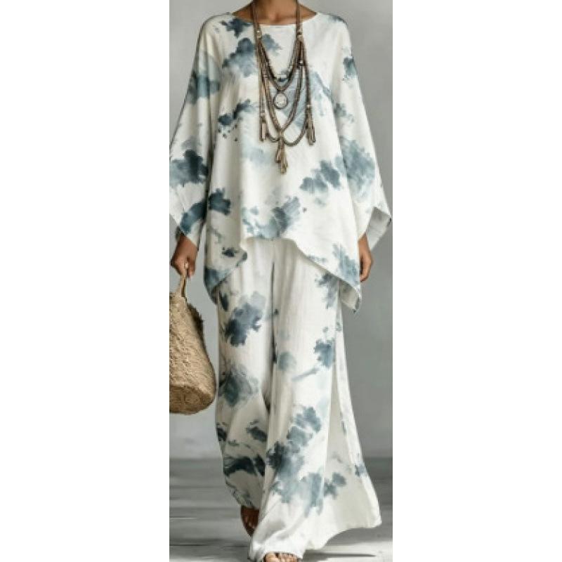 Casual print suit for women, bat-sleeved irregular top, drape wide-leg pants, two-piece set, one piece