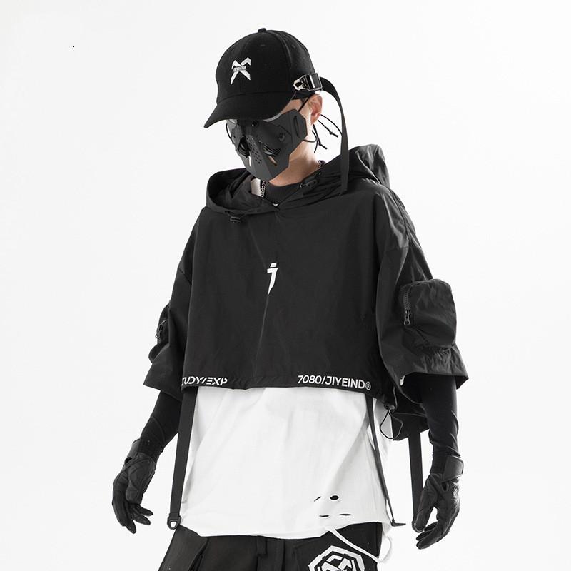Techwear Stiliaus Hip Hop Trumpas Striukės Megztinis Vyriškas Punk Motociklininko Gobtuvas Daug Kišenių Jaqueta