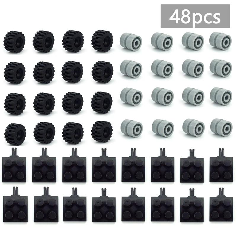 48/80 Stuks Mini Wiel Band As Plaat Assen Pak Set Auto Banden Bouwstenen Technisch Onderdeel Vrachtwagen Voertuig Accessoires Baksteen Speelgoed