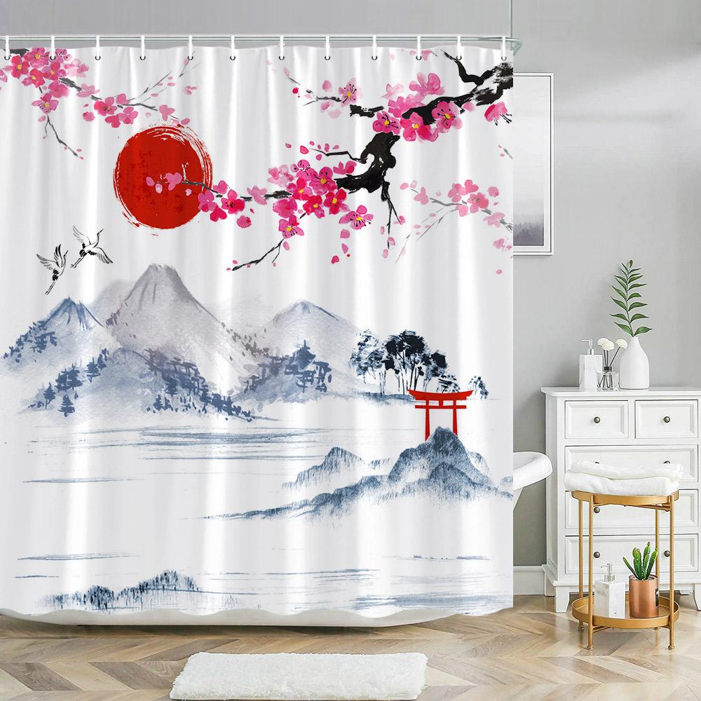 Chinese Landscape Landscape painting Shower Curtain Ink Painting Landscape Polyester Fabric Washable Bath Curtain Bathroom Decor