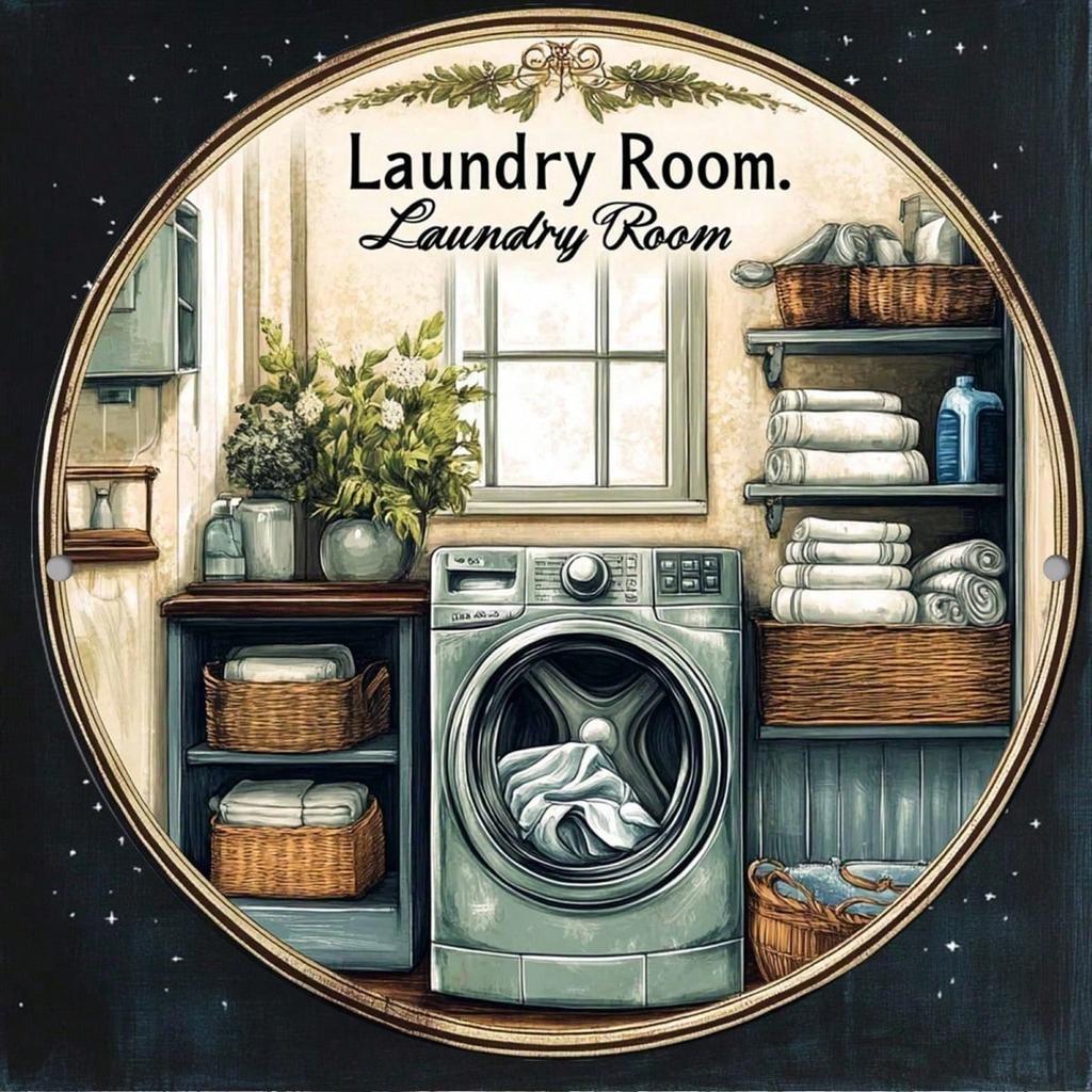 Vintage Laundry Round Metal Wall Sign for Home Cafe