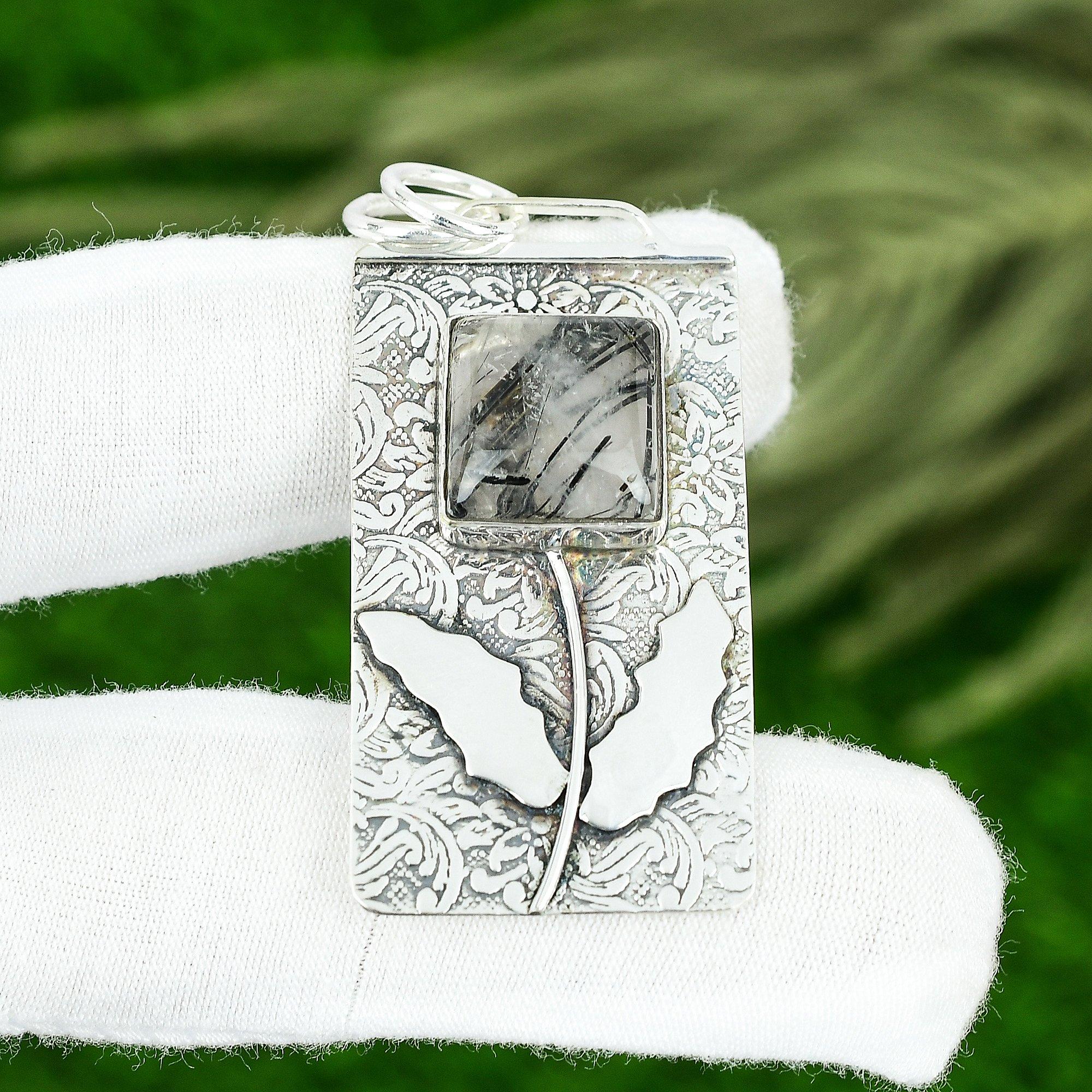 Friendship Day Deal Natural Black Rutile Sterling Silver Mother Wedding Pendant