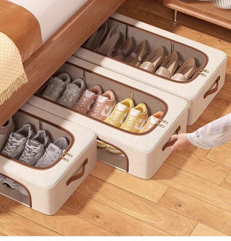 Foldable Shoe Storage Box with Dual Windows - Beige Fabric, Under-Bed Organizer for Sneakers & High Heels, Stackable Design, Shoe Storage Organizer