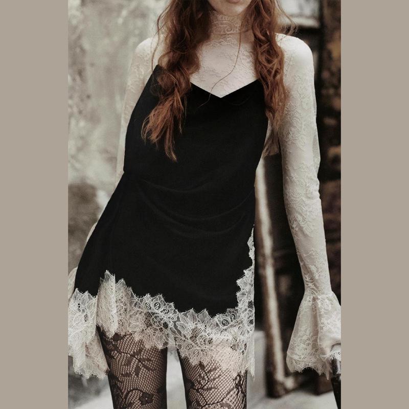Women's Lace Spliced Long Sleeve Sexy Short Dress