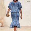 Women Plus Size Round Neck Batwing Sleeve Printed Ruffle Hem Top Fishtail Skirt Two Piece Set