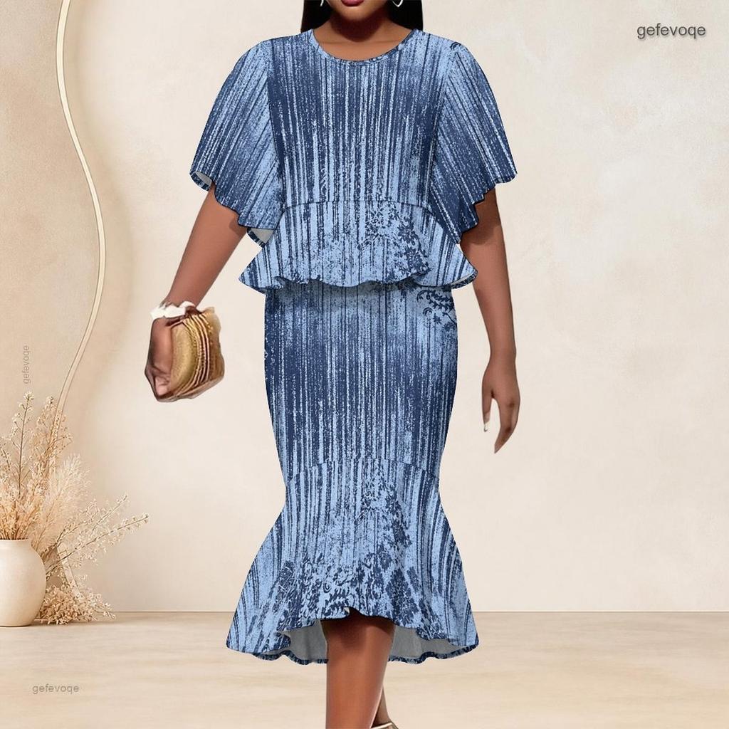 Women Plus Size Round Neck Batwing Sleeve Printed Ruffle Hem Top Fishtail Skirt Two Piece Set