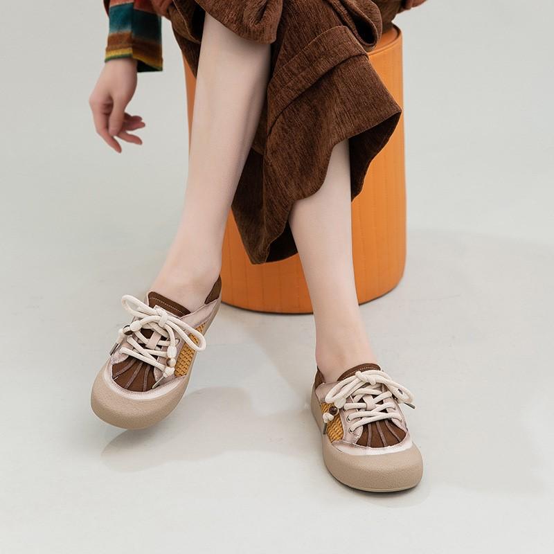 Johnature Mixed Colors Casual Lace-up Flats Genuine Leather Versatile Soft Soled Women's Shoes