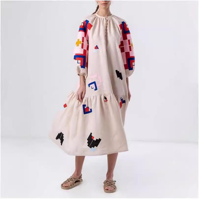 2024 New Autumn/Winter Loose Printed Casual Lantern Sleeve Dress for Women