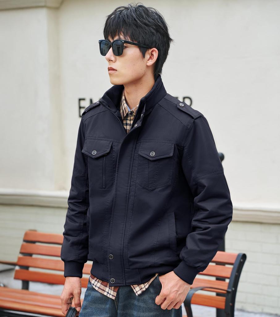 KEFITEVD American Navy Size L Men's Military-Style Stand-Collar Fleece-Lined Jacket, Workwear, Casual, Casual, Cotton, Blue,