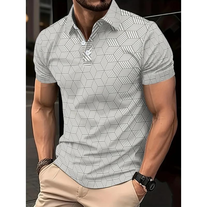Men's Summer Polo Shirt, Black and White, Polka Dots, Short Sleeve, Collar, Casual, Top, Men's Outdoor Street Polo Shirt