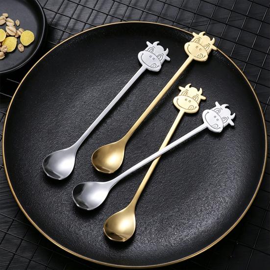 Yousheng Stainless Steel Coffee Spoon, Long Handle with Bull Head Decor, Multifunctional Stirring Spoon for Coffee Milk Tea