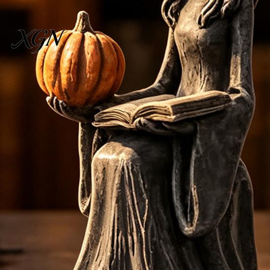 Tabletop Witch Decoration Halloween Statue, Gothic Figurine with Pumpkin And Book, Matte Black Fall Holiday Decorations Sculpture, Mantel Shelf