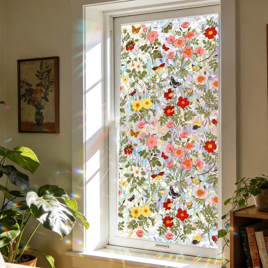 Creative Colorful Glass Flowers Butterfly Living Room Bedroom Window Decoration Beautification Stickers