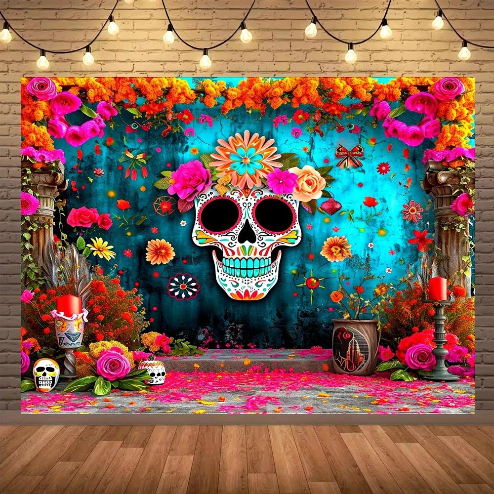 Tło Imprezowe Dzień Zmarłych Meksykańskie Dia DE Los Muertos Tło Fotograficzne Fiesta Cukrowa Czaszka Dekoracja Baner Kącik Fotograficzny