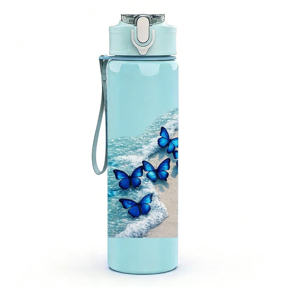 1PC Blue Butterfly On Marble Texture Print 750ml Color Plastic Sports Water Bottle Leakproof Flip Straw Lid Suitable for Sports Office Home Use