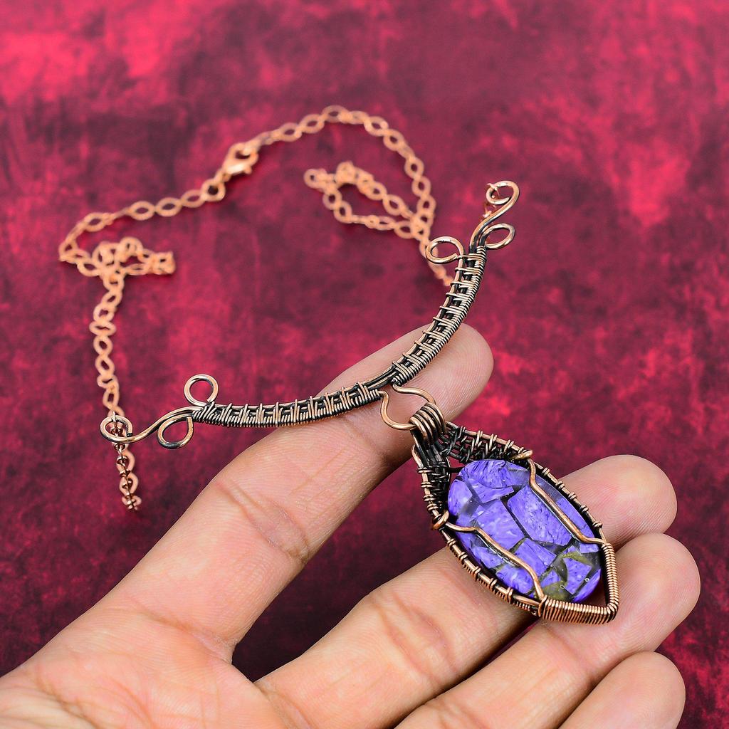Copper Charoite Necklace Copper Wire Wrapped Necklace Adjustable Chain Necklace Gemstone Copper Jewelry Handmade Necklace Anniversary Gifts