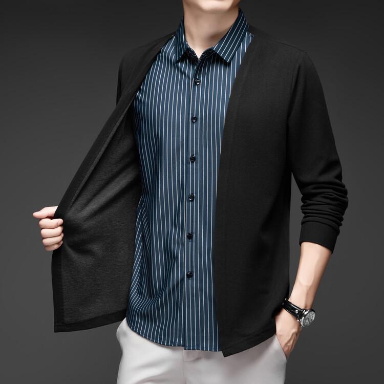 Wool Mulberry Silk Business Casual Fake Two-Piece Knit Shirt Shirt Collar, Long-Sleeve Middle-Aged Jacket, Knit Cardigan