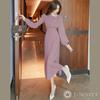 J-Scott Flared Knit Dress, Long Length, Puff Sleeves, Waistline, Pleated Skirt, Pink (JS28-PK-L) - Limited Stock