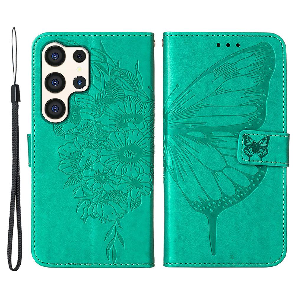 

For Samsung Galaxy S24 Ultra Wallet Case with Wrist Strap Butterfly Imprint Leather Phone Cover Green