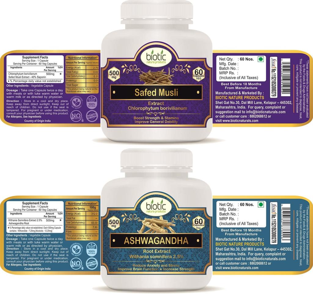 Biotic Safed Musli Capsules and Ashwagandha Capsules Extract 500mg - 120 Veg Capsules