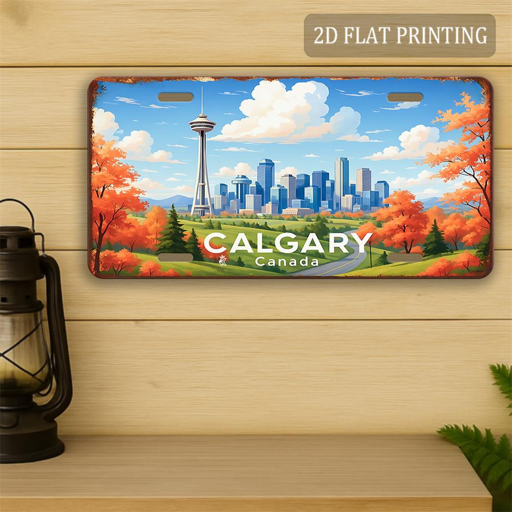 

D Flat Printing Vintage Distressed CALGARY Canada with Autumn City Skyline Illustration Aluminum Tin Painting License Plate 15x30cm(5.9x7.8inch)