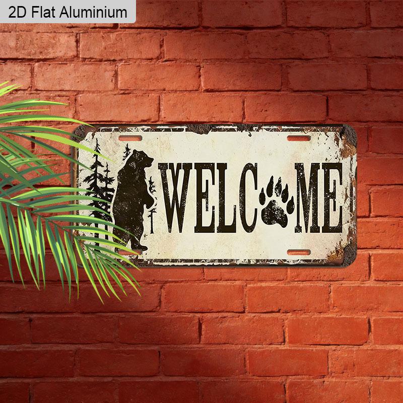 2D Flat, 1pc "WELCOME" Bear & Paw Print 12''x6'' Aluminum Sign, Rustic Cabin & Woodland Style Wall & Car Decor for Entryway, Porch, Lake House