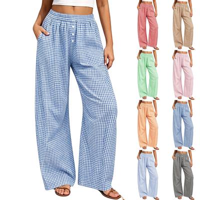 Damen Weit Geschnittene Hose mit Elastischem Bund und Knopftaschen Karomuster Lässige Hose