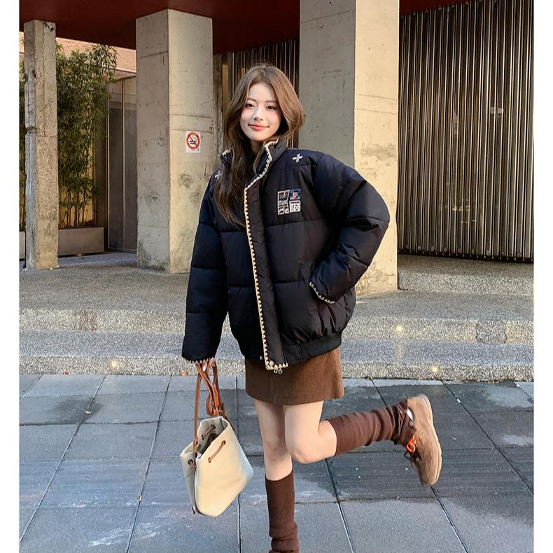 Embroidery Design Puffy Coat Women Winter Loose Cotton Jacket Warm Outwear Fashion