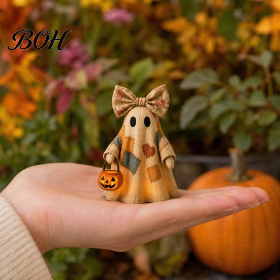 Light Up Ghost Lighted Vintage Patchwork Ghost, LED with Pumpkin Lantern Halloween Decor, Ghosts Lamp Lamp, Rustic Fall Figurine Decoration for Mantel