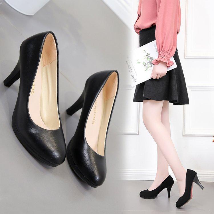 Large size high heels women's professional black leather shoes round head shoes shoes not tired feet interview shoes women's shoes