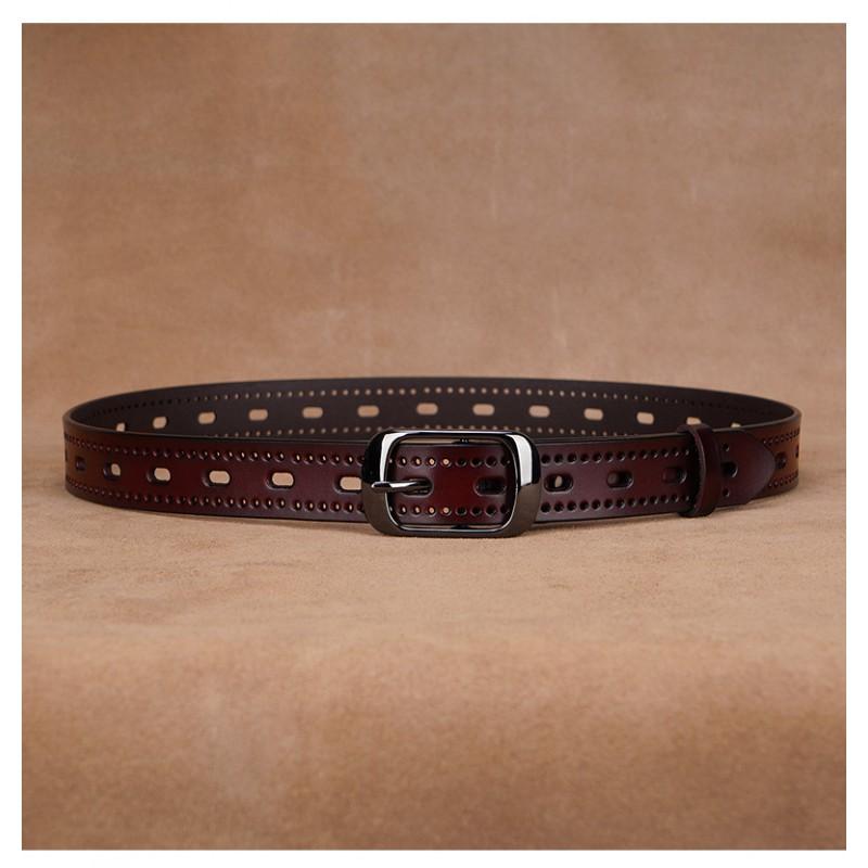 Womens Genuine Leather Belt With Hollow Design Slim Width 2-4cm Adjustable Length Black Coffee Business Casual Pants Jeans