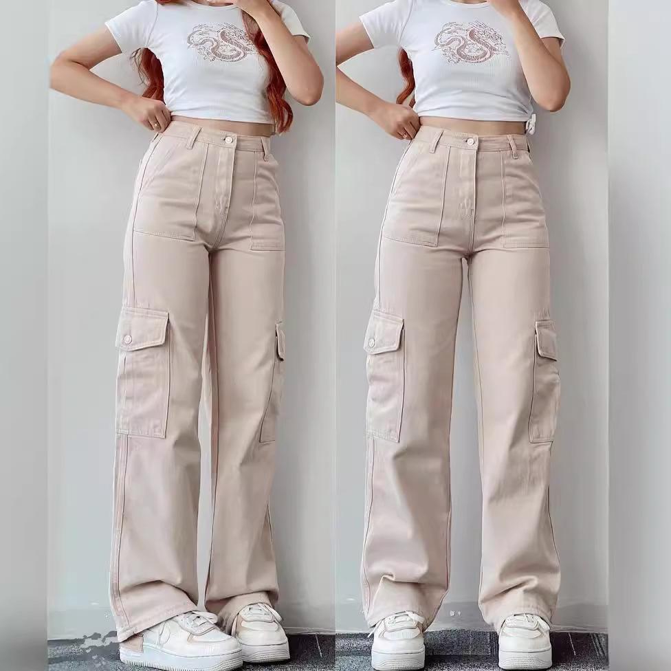 Dámské vintage cargo kalhoty Streetwear Techwear Korejský Harajuku Parachute kalhoty Béžové tepláky Široké nohavice Joggers Kalhoty