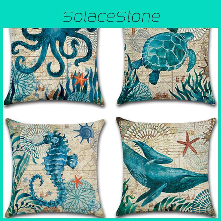 Vintage Sea Theme Throw Pillow Cover Thick Peach Skin Velvet Cushion Case Landscape Print 45*45cm
