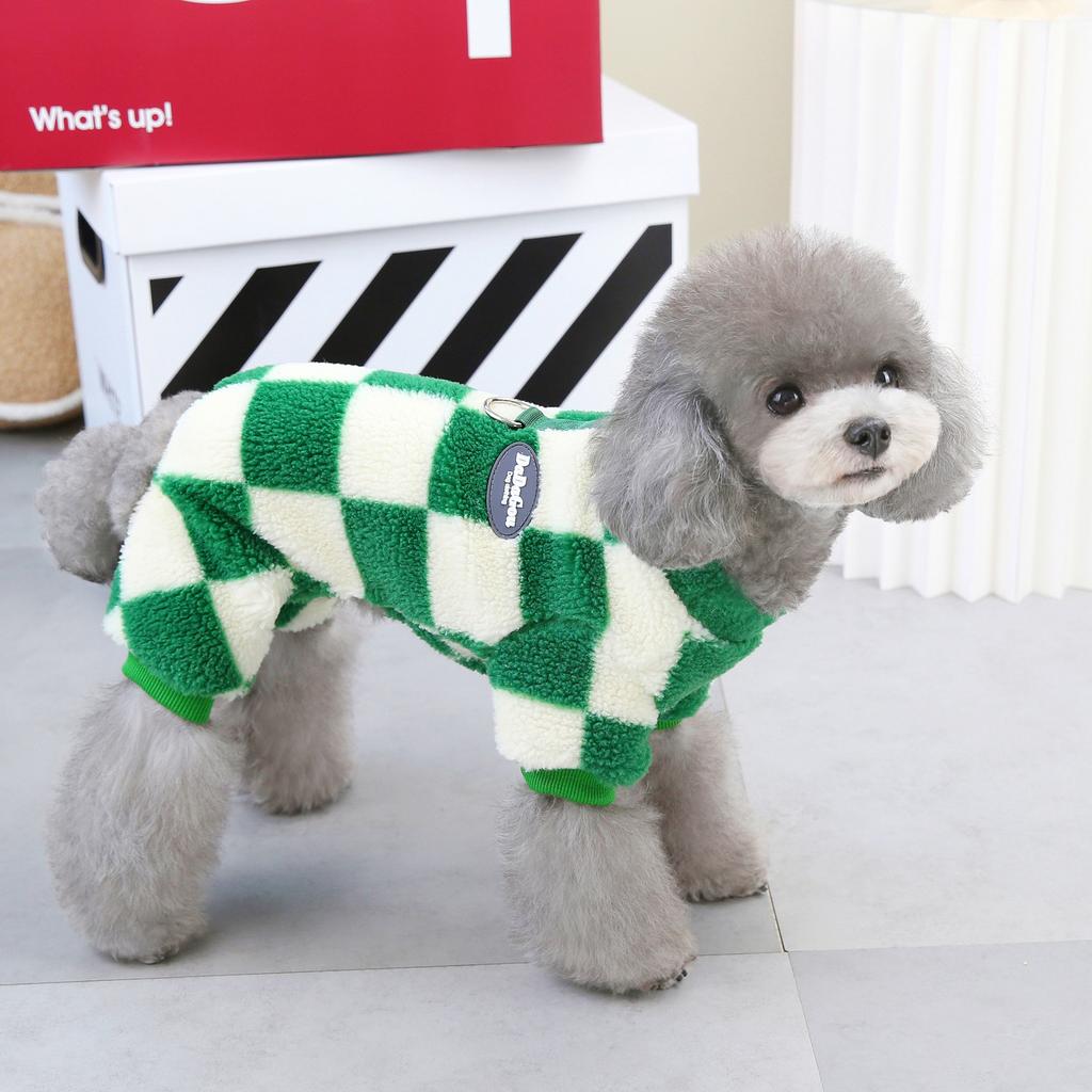 Korean contrasting colors pet four-legged fleece coat large square dog autumn and winter clothes warm checkerboard teddy puppy clothing