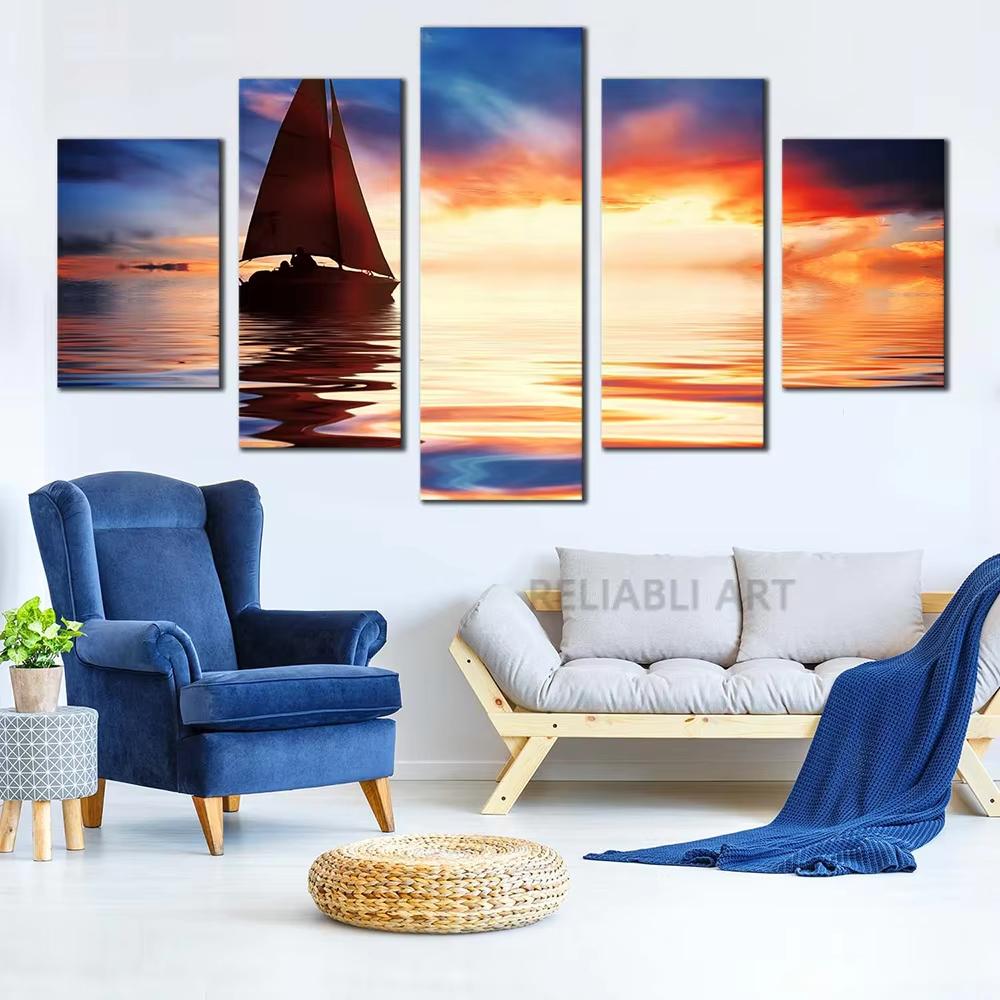 5 Panels Bootschiff Bilder Leinwandmalerei Meereslandschaft Poster und Drucke Wandkunst für Wohnzimmer Heimdekoration Ohne Rahmen