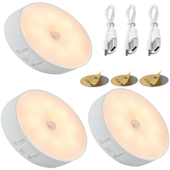 LED Motion Sensor Night Light,3 Pack Rechargeable USB Charging,3 Switch Mode Stick,Magnetic Base Smart,Wireless Wall/Step/Stair Light, Anywhere for