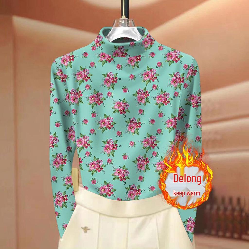 Women's Ribbed Fleece Floral Print Base Layer: Half-High Neck, Long Sleeve, Autumn/Winter Mom's Wear.
