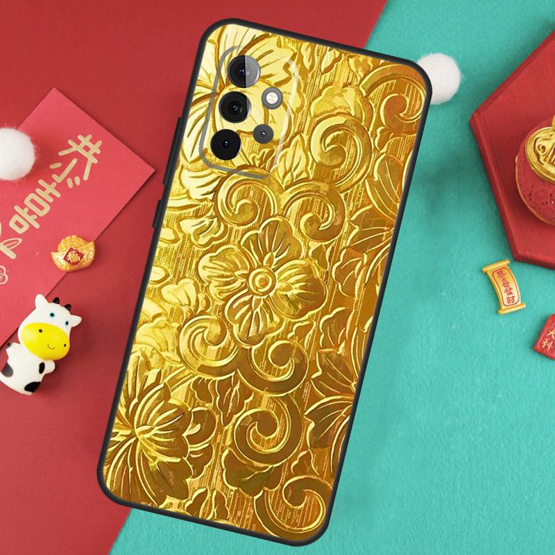 Gold Floral Pattern Case For Samsung Galaxy A16 A26 A36 A56 A15 A35 A55 A14 A34 A54 A12 A32 A52 A13 A33 A53 A17