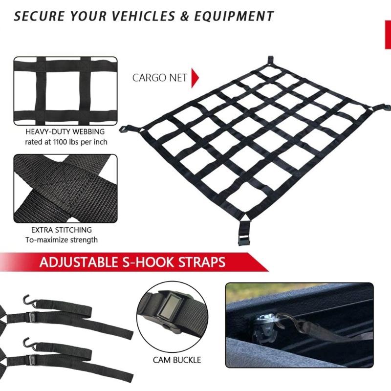 Truck Bed Cargo Barrier Net With S Hooks For Secure Transport In Pickups And SUVs
