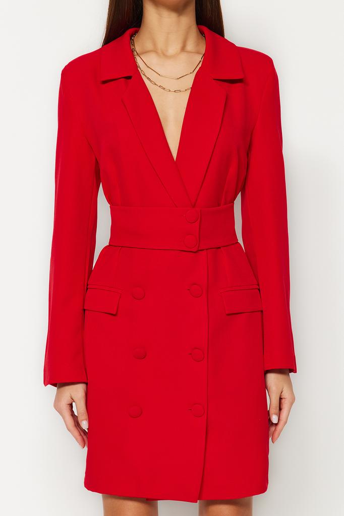 Women's Dress New Season Fashion Red Belted Button Detailed Mini Jacket Woven Dress