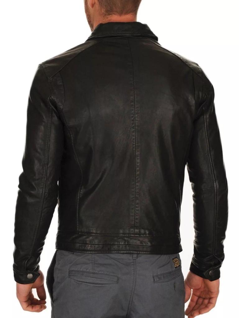 AL KHALID Men's Real Leather Black Lambskin Spread Collar Biker Jacket Street Fashion Wear