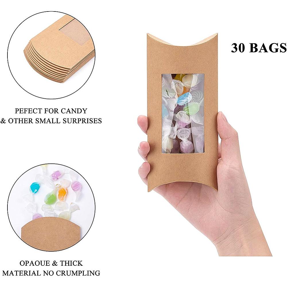 30pcs Kraft Paper Pillow Candy Box with Clear Window for Wedding Favors Baby Shower Birthday Party Supplies Sandy Brown 18.5x7.8x0.8cm