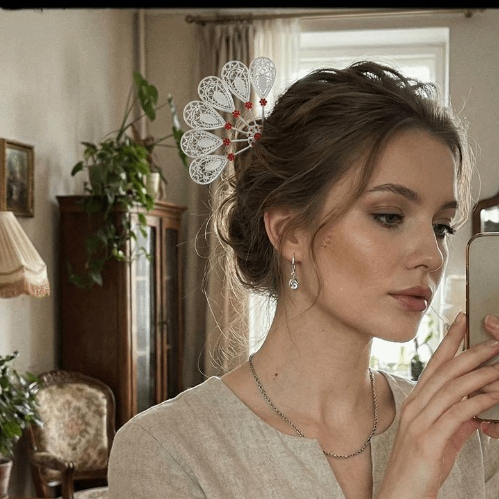 Metal Thai Style Leaf Hair Stick Golden Ethnic Headdress Jewelry Rhinestone Flower Hairpin Party