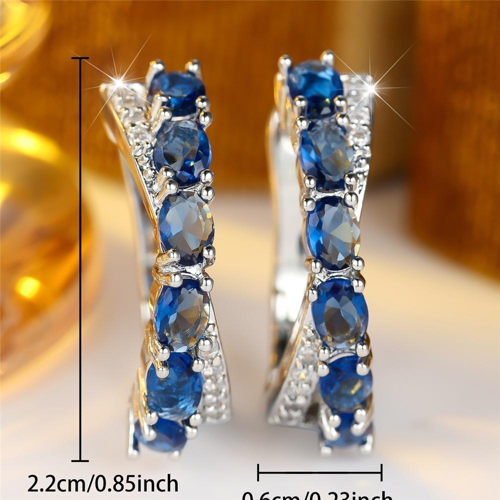 Elegant Female Big Oval Blue Zircon Stone Hoop Earrings Trendy Fashion Silver Color Wedding Jewelry For Women