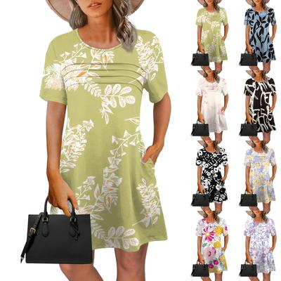 Sommerkleider für Damen, Damen-Sommerkleider mit Blumendruck, kurzärmelig, runde Krawattentasche, Freizeitkleider