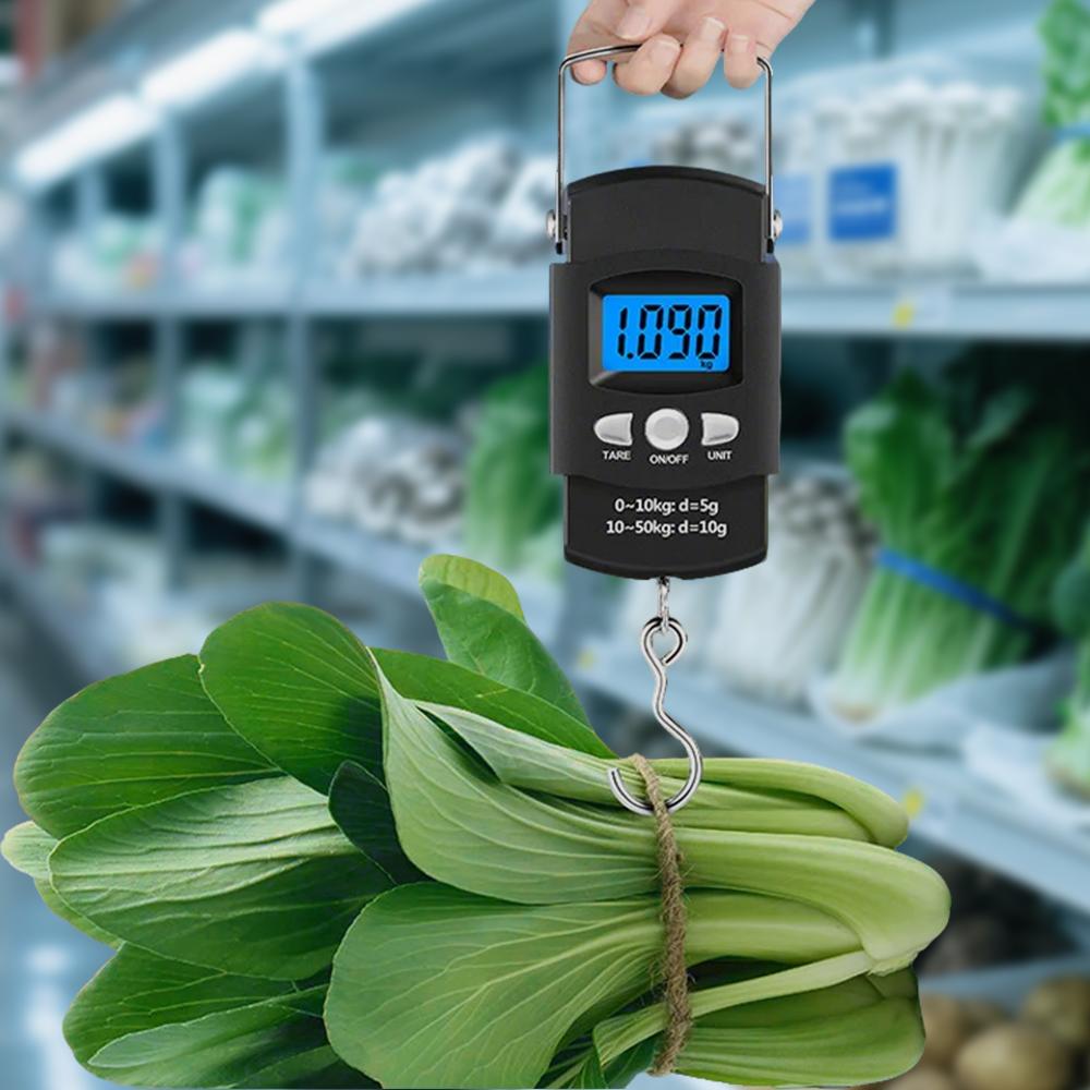 50kg/10g Portable LCD Electronic Hand Scale Travel Hanging Scale with100cm Long Retractable Measuring Tape Weigh Fish Vegetables