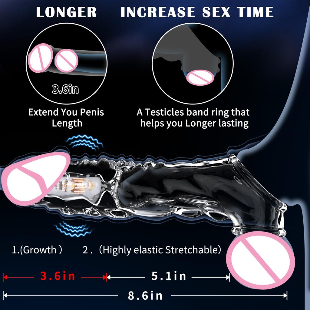 8.6 Inch Clear Cock Ring Extender Reusable Penis Sleeve with Vibrator Penis Ring Soft Dick Enlarger for Couples Reusable Condoms