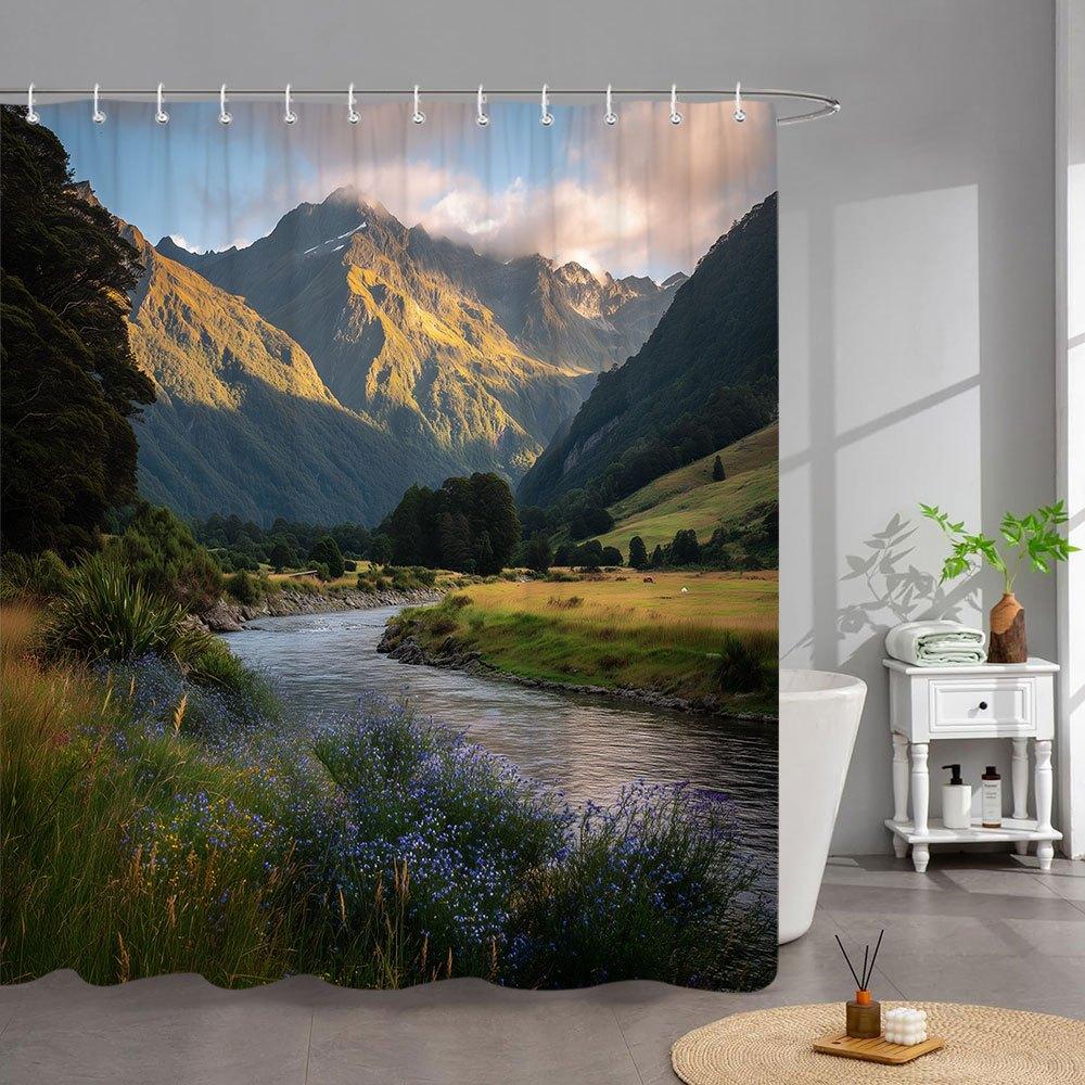 1Pc Mountain Sunset Shower Curtain - Snow-Capped Peaks, Golden River & Wildflowers Serene Landscape Photography Print, Durable