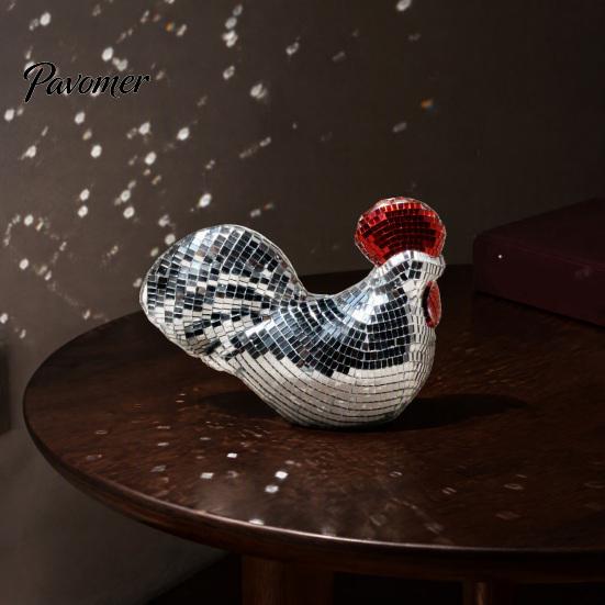 Eye Catching Desk Accessories Disco Ball Rooster Figurine, Mirror Mosaic Tabletop Ornament, Unique Retro Art Decorative Style Statue Sculpture