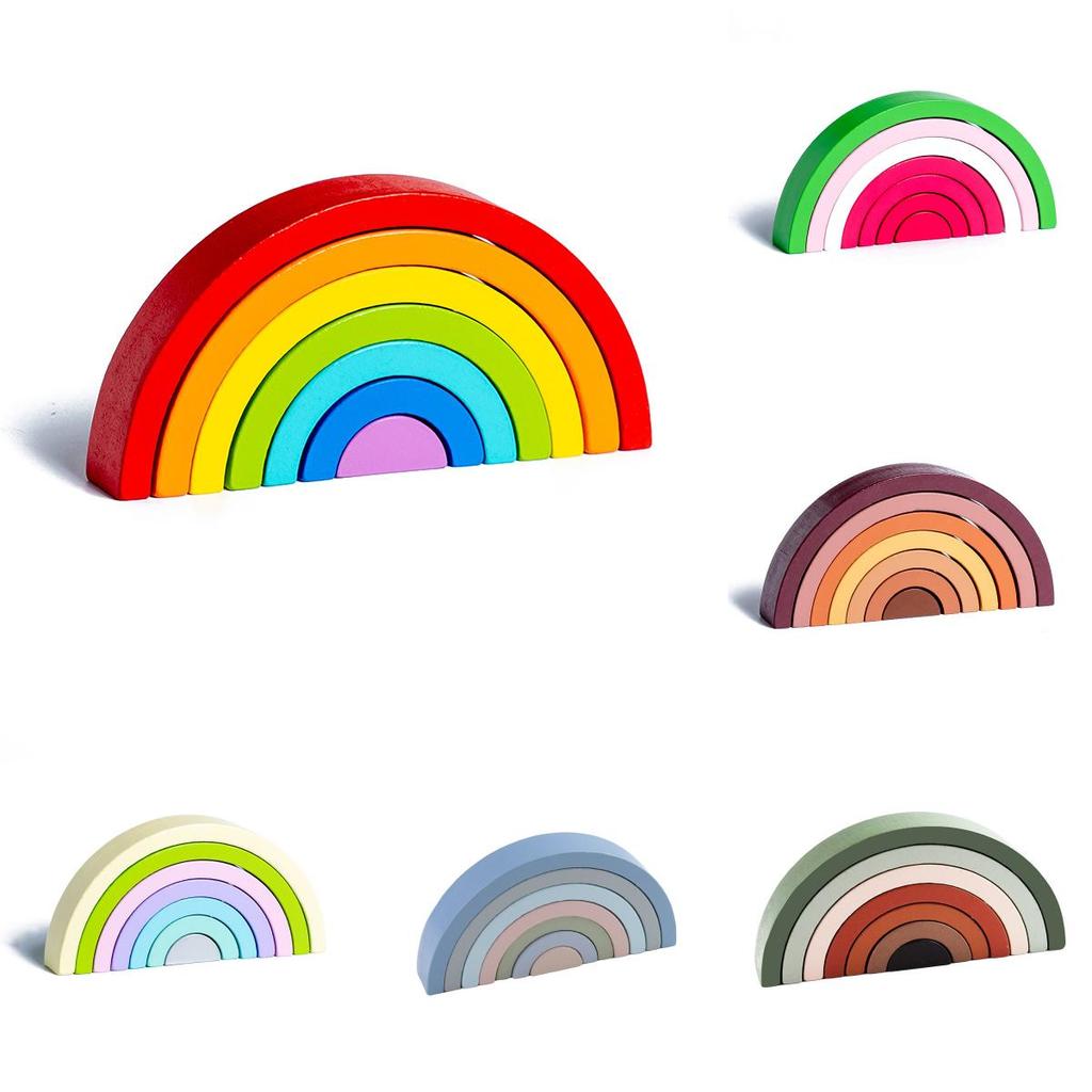 Wooden Children Rainbow Arch Building Blocks Set With Multi Color Tiles For Toddler Education